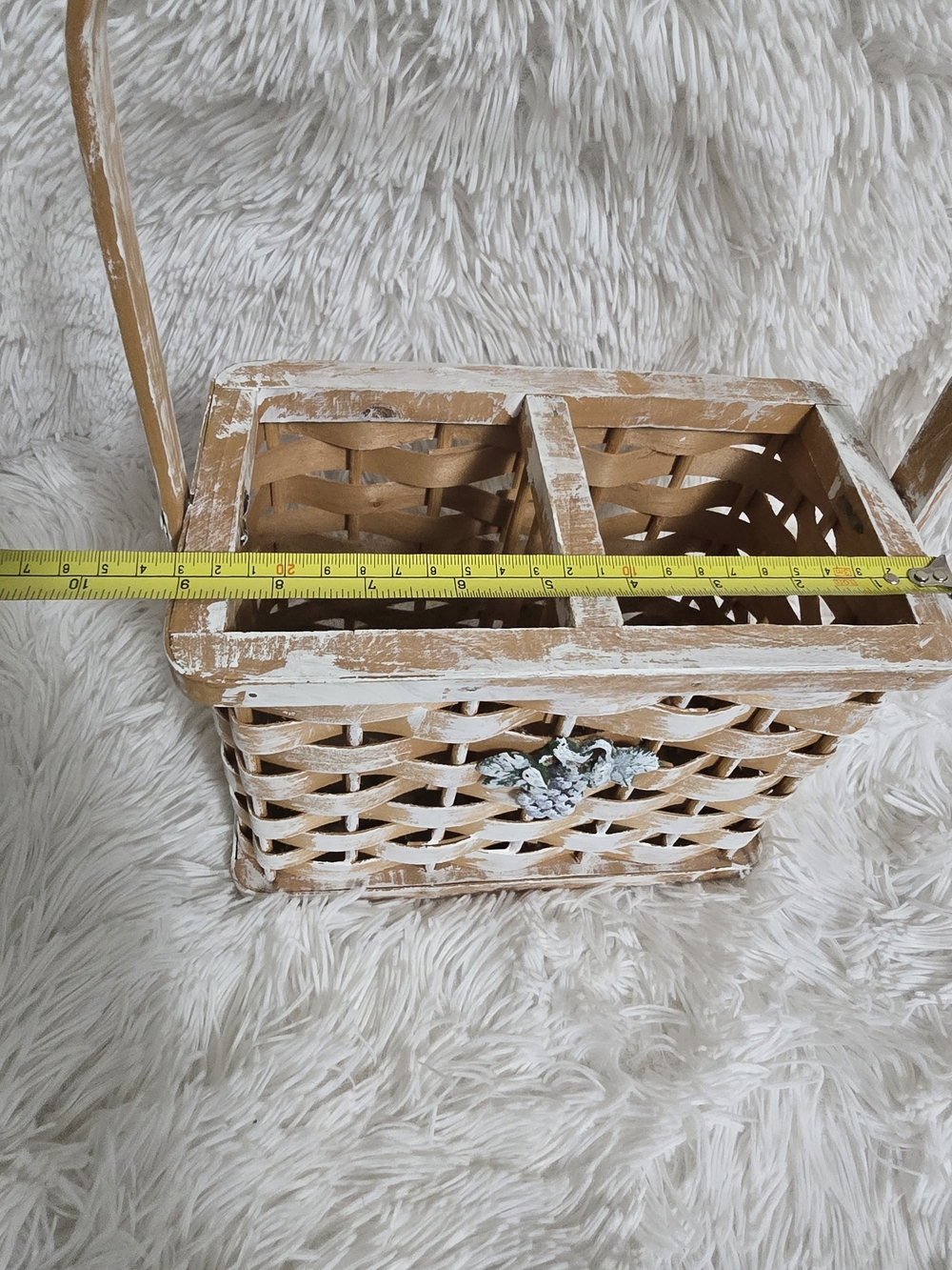 Distressed Tan and White Woven Basket Caddy with Grape Accent